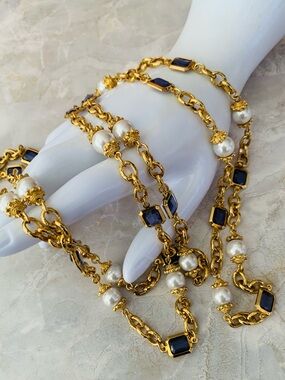Gold Plated Faux Pearl and Purple Glass Flapper Length Necklace